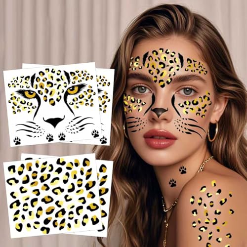 Yezirzax Leopard Print Temporary Face Tattoos Glitter Leopard Face Tattoos Stickers Halloween Animal Face Temporary Tattoo Stickers for Carnival Birthday Halloween Childrens Party (leopard)