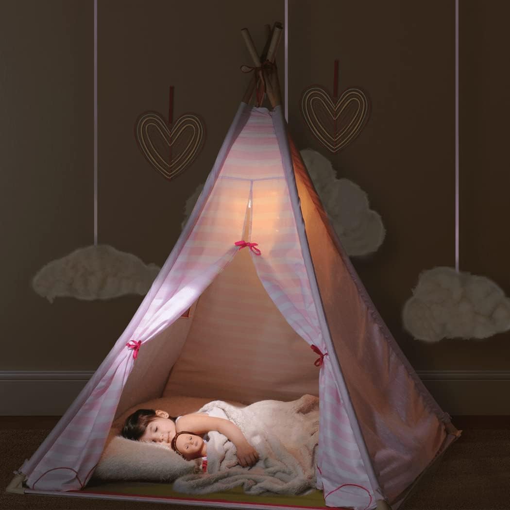 Our Generation Suite Teepee with doll inside and chandelier lit