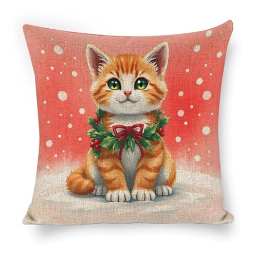 PALNKART PALNKARChristmas Kitten with Wreath Windowsi, Suitable for Floral Decorative Pillows on Sofas, bedrooms, and Living Rooms, Festive Season Home Decoration, Size 20x20 inches