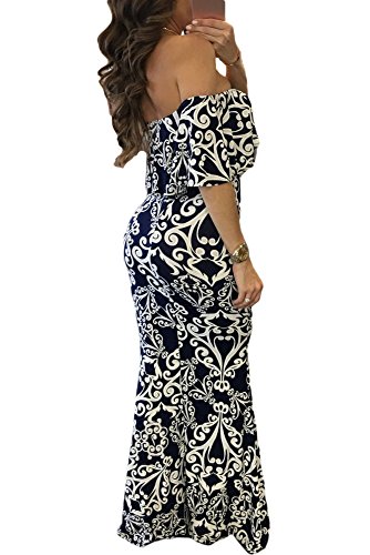 Happy Sailed Women Dark Blue Off-The-Shoulder Maxi Dress, X-Large Blue Tendril Print - Image 3