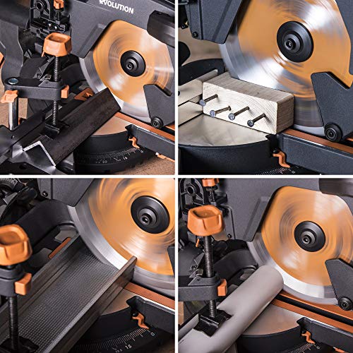 Evolution Power Tools Scie à Onglet Coulissante avec des Caractéristiques PLUS - 0-45˚ Biseau, 50-50˚ Onglet - Coupe Multi-Matériaux - Le Bois, Le Plastique, Le Métal Lame Incluse 255mm - R255SMS+ – Image 6
