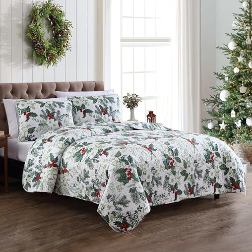 Parure de lit drap housse et taies d'oreiller King Size polyester vert blanc rouge