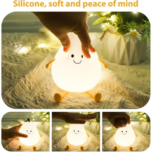 Image of fizzytech Rechargeable Silicone Pear Night Lamp, 7 Color Changing LED Night Light for Kids Bedroom, Touch Sensor Bedside Lamp, USB Portable Room Decor Light for Kids and Couples