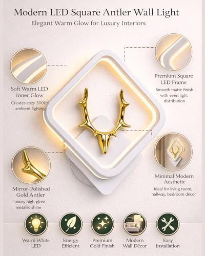 Image of Homesake LED Wall Lamp for Living Room Bedroom, Modern Golden Deer Decorative Wall Light, Warm White Indoor Designer Home Decor Light, Stag Face, Square Frame, (White, Square)