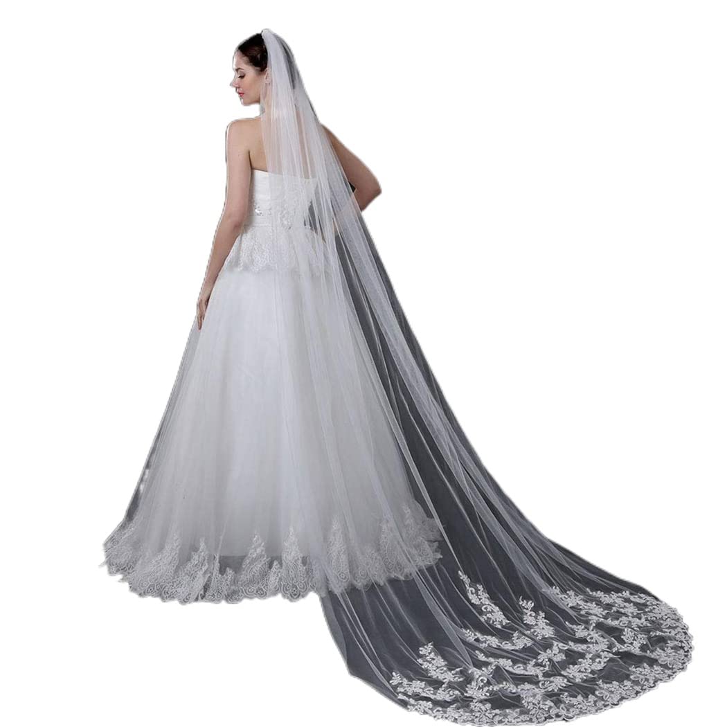 Wedding Veils Cathedral Bride Veil Embroidery Lace Edge Bridal Veil with Comb 1 Tier 118" Veils for Women Wedding