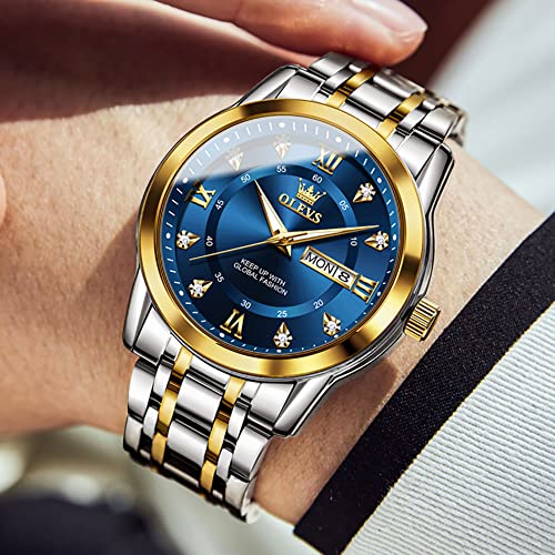 Image of OLEVS Men Watch Blue Gold Analog Quartz Stainless Steel Waterproof Luminous Date Luxury Casual Watch