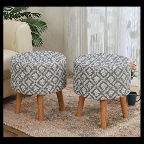 Image of NACIA Printed Ottoman Stool Set of 2 | Soft Cushioned Velvet Pouf Footrest with Wooden Legs | Decorative Seating Stool for Bedroom Living Room Home & Office (16x16x17 Inch, Grey Damask)
