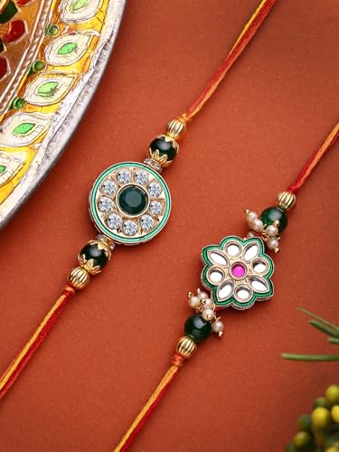 Image of Sukkhi Rakhi Beautiful Floral Design Purple Meenakari Work with AD Stones & Pearls Combo Rakhi for Brother with Roli Chawal & Greeting Card|Quirky Rakshabandhan Rakhi for Bhaiya|Set of 2