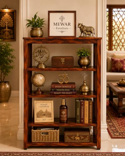 Image of Corner Display Shelf Storage | Wooden Storage Rack & Display Organizer | Solid Sheesham Wood Open Shelf for Living Room, Bedroom, Home & Office (Natural Wood, Open Shelf)