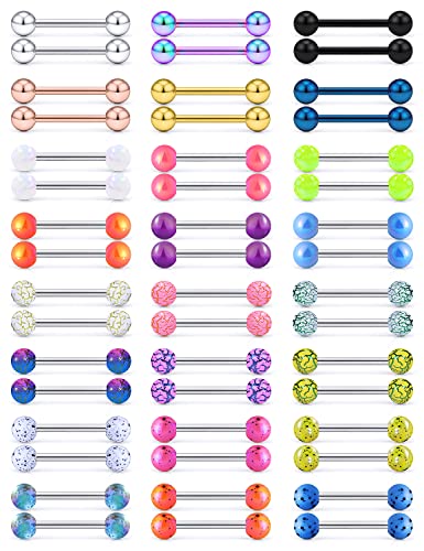 Vsnnsns 24 Pairs 14G Tongue Rings Nipple Piercing Jewelry Surgical Steel Straight Barbell Tongue Rings Glow in Dark Nipple Piercing Jewelry for Women Men 14 Gauge 14MM 16MM