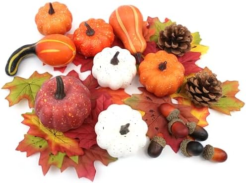 36PCS Mini Artificial Pumpkins Fall Decor Set - Realistic Small Fake Pumpkins for Decorating with Gourd Fall Leaves Acorns Pinecones for Autumn Table Centerpiece, Thanksgiving Harvest Home Decorations