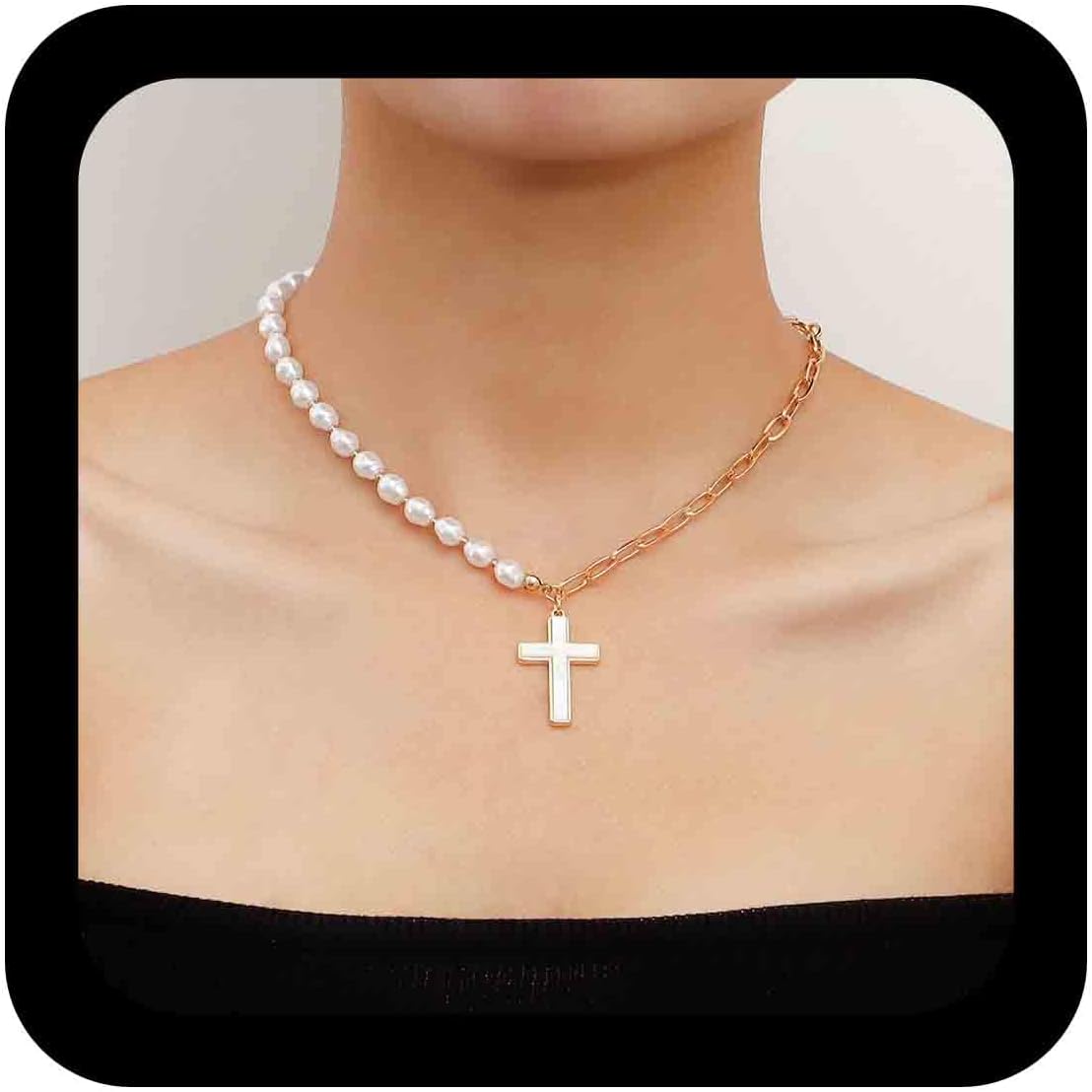 Boho White Cross Choker Necklace Faith Cross Pendant Necklace Retro Pearl Necklace Punk Paperclip chain necklace Jewelry for Women