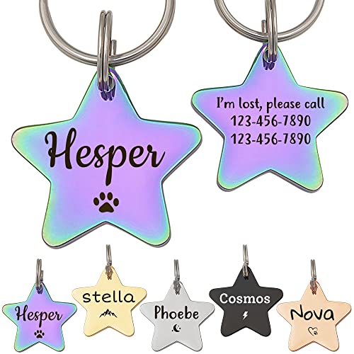Anavia Half Moon & Star Shape Pet ID Tags, Personalized Icon Design Dog Name Tag Cat Tag, Glossy Stainless Steel Gold Plated Black Rainbow Dog Collar Tag (Medium, Star Shape, Rainbow)