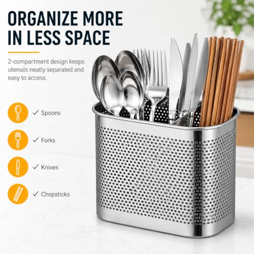 Image of Stainless Steel 2 Compartment Cutlery Holder for Kitchen Countertop | Self-Draining Utensil Organizer, Rust Resistant Perforated Storage Caddy for Spoons Forks, Knives, Chopsticks