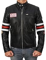 Sports Motorcycle Leather Jacket : Round collar, white & red stripes, zipper cuffs, 3 outer zipper pockets & 1 inner pocket, biker patches This black racing stripe jacket is designed to enhance your everyday riding fashion and keep you on trend. Hous...