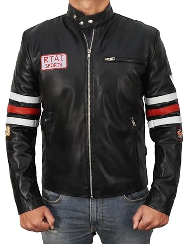 Fashion_First House MD Rtai Sports Motorcyle Leather Jacket Mens Red Striped Black Leather Racing Jacket Motorbike Leathers