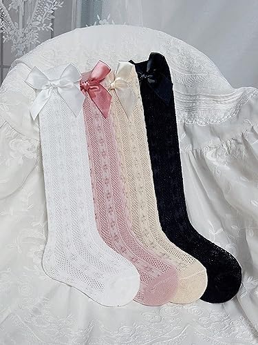 OYOANGLE Girl's 4 Pairs Cute Ruffle Knee High Socks Bow Front Over the Calf Socks Black Multi 2Y4