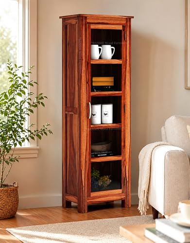 Image of BWF Premium Sheesham Glass Door view Display Self | Kitchen Crockery Cabinet | Bookcase | Wooden Almirah for Home, School, Office, Shop, Medical Clinic and Garage | Honey Finish | BP - 07