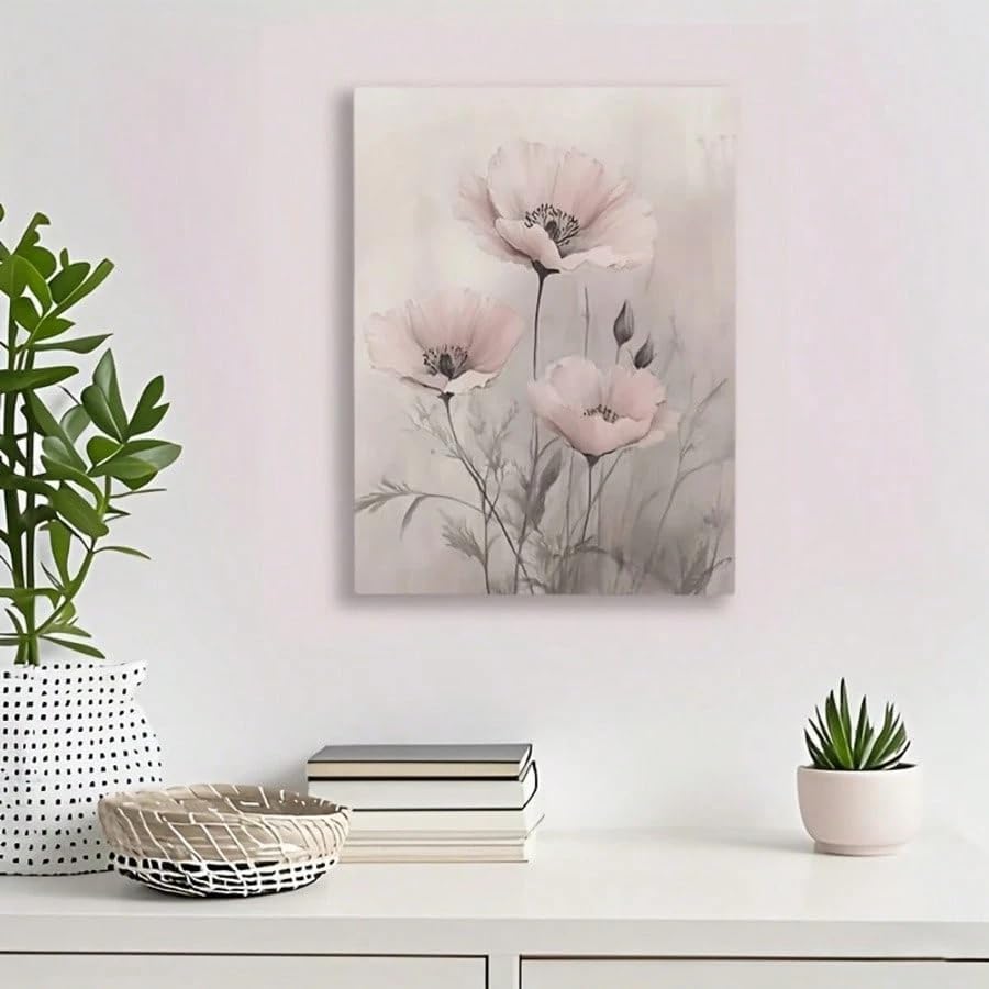 Tableau sur toile rose pâle, art botanique moderne 60x80cm cadre intérieur pour chambre
