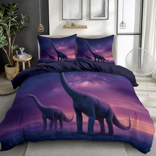Reversible Bedding Set Duvet Cover Set Small Single for Kids Toddler- Fantasy Prehistoric Dinosaur Printed Quilted Comforter Cover with 1 Pillowcases, Deep Purple, Zipper Closure, 2 Pieces