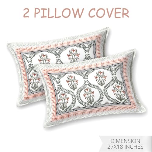 Image of Living Roots Ethnic Jaipur Block Print Double Cotton Bedsheet & 2 Pillow Covers, for Mattress Upto 6 inches Thick, No Colour Bleeding, Peach Colour, King Size 90 * 108 inches, 120TC (604-B)