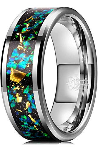 THREE KEYS JEWELRY Men Wedding Bands 8mm Flat Tungsten Galaxy Colourful Opal Foil Carbide Ring Real With Jewels Polished Infinity Unique for Her Silver Size 7.5