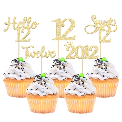 Gyufise 30 Pack Gold Glitter 12th Birthday Cupcake Toppers Hello Sweet 12 Twelve Since 2012 Cupcake Picks for 12th Birthday Party Cake Decorations Supplies