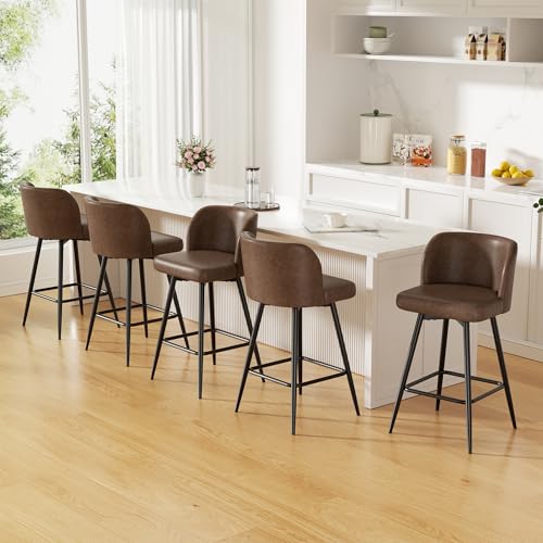 Image of Swivel Bar Stools Set of 5, 26 inch Counter Height Bar Stools with High Back and Metal Legs, Faux Leather Bar Chairs, Modern Barstools for Kitchen Island, Brown