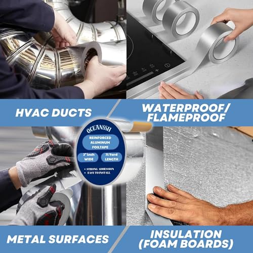 Image of Heavy Duty Reinforced Aluminum Tape - Waterproof, Heat Resistant Foil Tape for Ductwork & Insulation, Strong Adhesive, 2 inch x 71 Yards, Ideal for Sealing & Repairs (Reinforced)