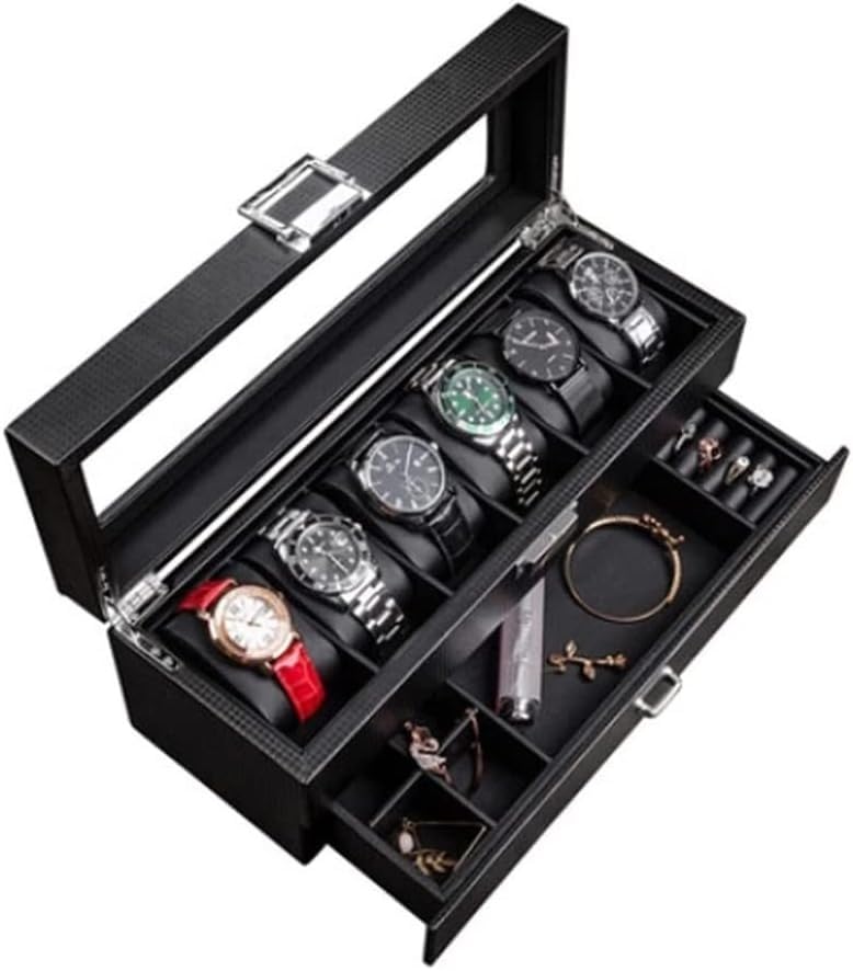 ZGSSOPTU Caja de reloj para pendientes, collares, cajones de cuero con cerradura, funda de cristal transparente
