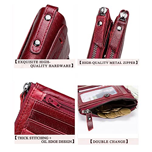 Image of CONTACTS Soft Leather Wallet for Women Small Bifold Coin Purse Double Zipper Card Holder with RFID Blocking (Red)