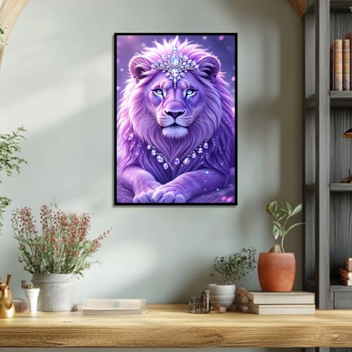 Image of AiYuanzsh 5D Diamond Art Kits for Adults, Fantasy Purple Lion Diamond Painting Kits for Beginners, DIY Full Drill Round Rhinestone Gem Art Crafts Paintings for Home Wall Decor 12 x 16 inch