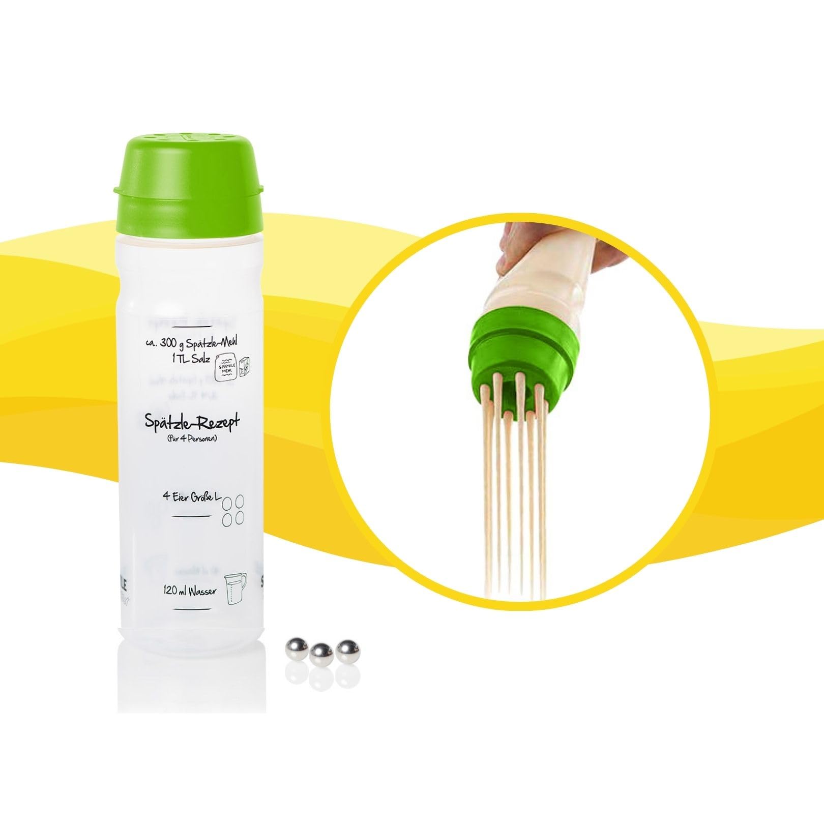 FOOD-SHAKER-SET mit 875ml-Pfannkuchen-Shaker + 4-Portionen-Spätzle-Shaker Teigmixer mit Spätzlepresse und Portionierer Patentiert Made in Germany in der Farbe GRUEN