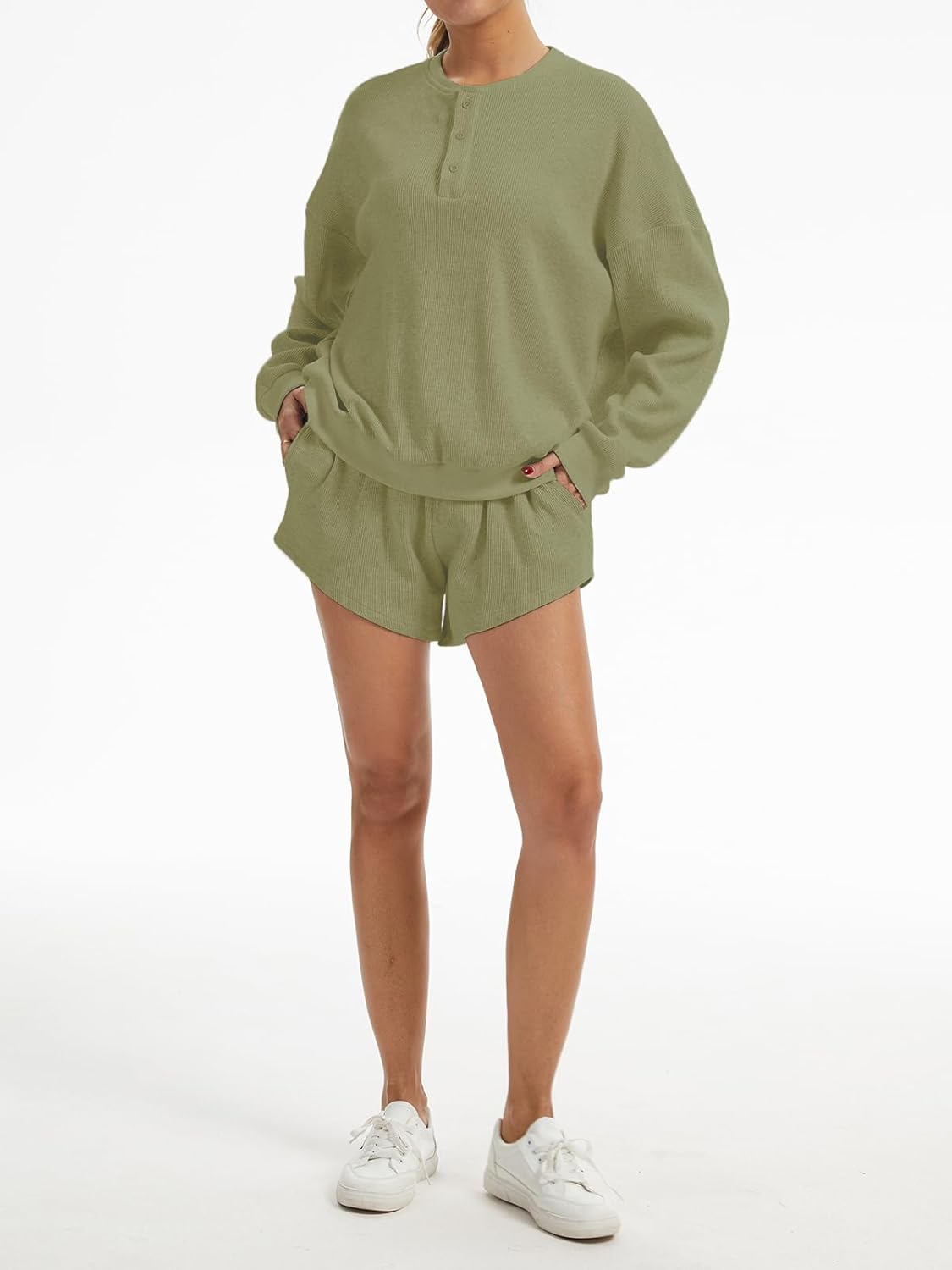 AnotherChill Women's Oversized Waffle Knit Lounge Set Long Sleeve Sweatshirt and High Waisted Shorts 2 Piece Casual Outfit - Image 6