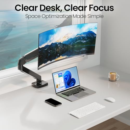 Image of EVEO Premium Single Monitor Arm 14 inch-34 inch, Adjustable Gas Spring Monitor Mount, Single Arm Desk Mount for 34 Inch Computer Screens, VESA Compatible Stand with Clamp and Grommet Base - Black
