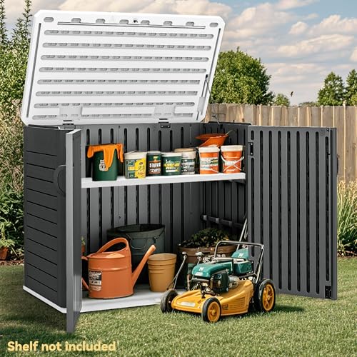 Image of DWVO 35 Cu Ft Outdoor Storage Shed with Unique X-Shaped Lockable Door, Weatherproof Resin Tool Shed w /o Shelf for Gardening & Lawn Equipment, Dark Gray