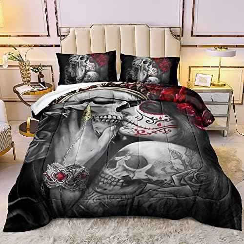 DYcolor 3D Red Flowers Girl Sugar Kiss Skull Printed Quilt, 3-Piece Gothic Crown Skull Skeleton Comforter Set with 1 Comforter and 2 Pillow Cases for Kids Women and Men (Twin)
