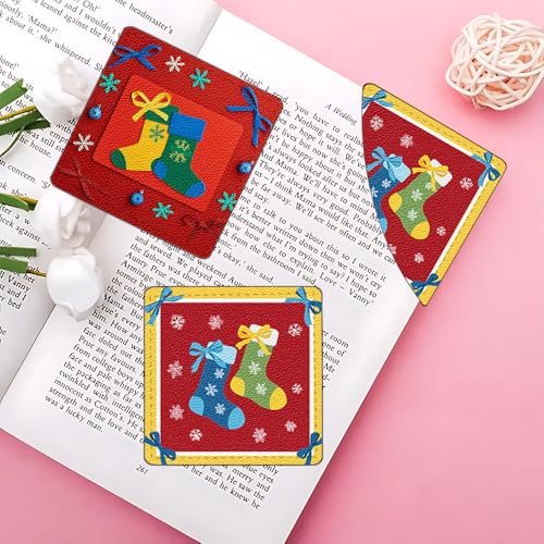Image of Cute Christmas Stocking Corner Bookmarks 2Pcs, Handmade PU Leather Page Corner Protectors, Winter Holiday Stationary Gift for Book Lovers, Kids, Teachers, Colorful Reading Accessories 3.54 inch