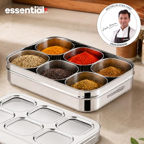 Image of Essential Plus Stainless Steel Multi Use Box, 24.5cm (150ml), See Through Lid, 6 in 1 Masala Dabba / Spice Box for Kitchen, Rectangular Spice Organizer / Masala Dani with 6 Containers, Easy to Clean