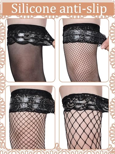 Image of Fourluoo 10 Pairs Silk Fishnet Thigh High Stockings Women Lace Top Sheer over Knee Stocking for Halloween