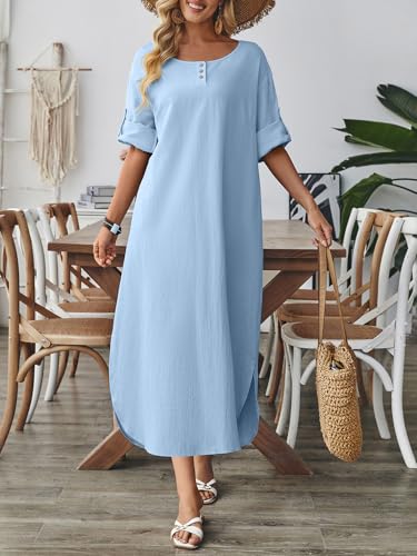 Image of Celmia Autumn Solid Loose Long Maxi Dress Cotton Caftan
