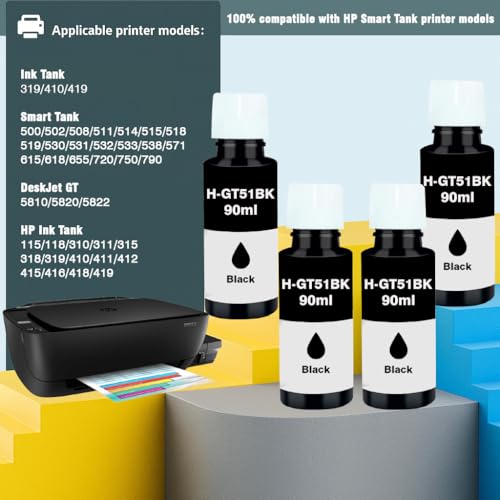 Image of KOSH Refill Ink Bottle Compatible for HP Deskjet 5810,5811,5820,5821,5822, Inktank Wireless 310,315,316,319,410,415,416,419,Smart Tank 115,500,510,515,516,720,750,790 Printers (4, GT51 90MLx 4)