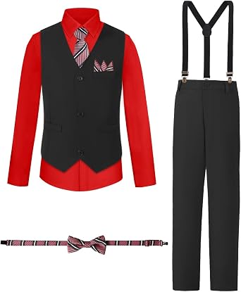Boys Suits Formal Dress Vest and Pants Set for Kids Teens Boy, with Shirt Bowtie and Suspenders, Adjustable Waist