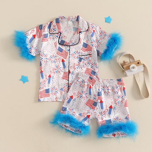 Toddler Girl 4th Of July Pajamas Cute Flag Short Sleeves Button Down Shirt Top Elastic Shorts Sleepwear2
