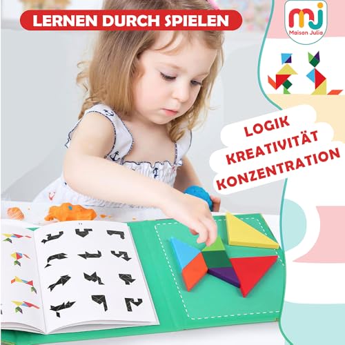 Maison Julia - Tangram Kinder Magnetisches - Montessori-Lernspiel ab 3 Jahren - Smartes Reise-Puzzle - Ruhige Beschäftigung Zug, Flugzeug und Auto - Denkspiel - Geschenk zu Weihnachten & Geburtstag