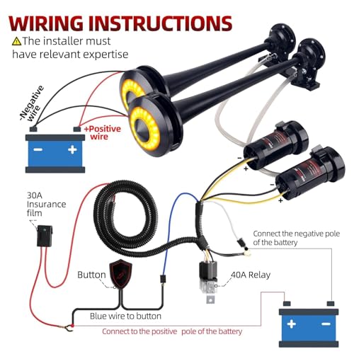 Image of Dual Tone 12V Air Horn Kit with Light Cover, 150DB Super Loud Truck Horn with 2 Compressors,Metal Train Horn for truck,Car,Motorcycle,Boat,SUV,Off-Road Vehicle(2 speakers with button)