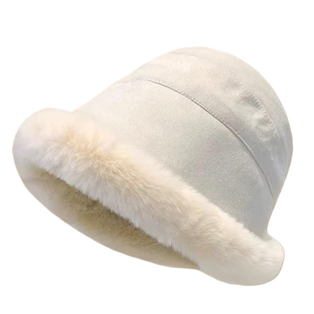 Chapeau seau fausse fourrure blanche femme, bob pêcheur chaud hiver doublé polaire
