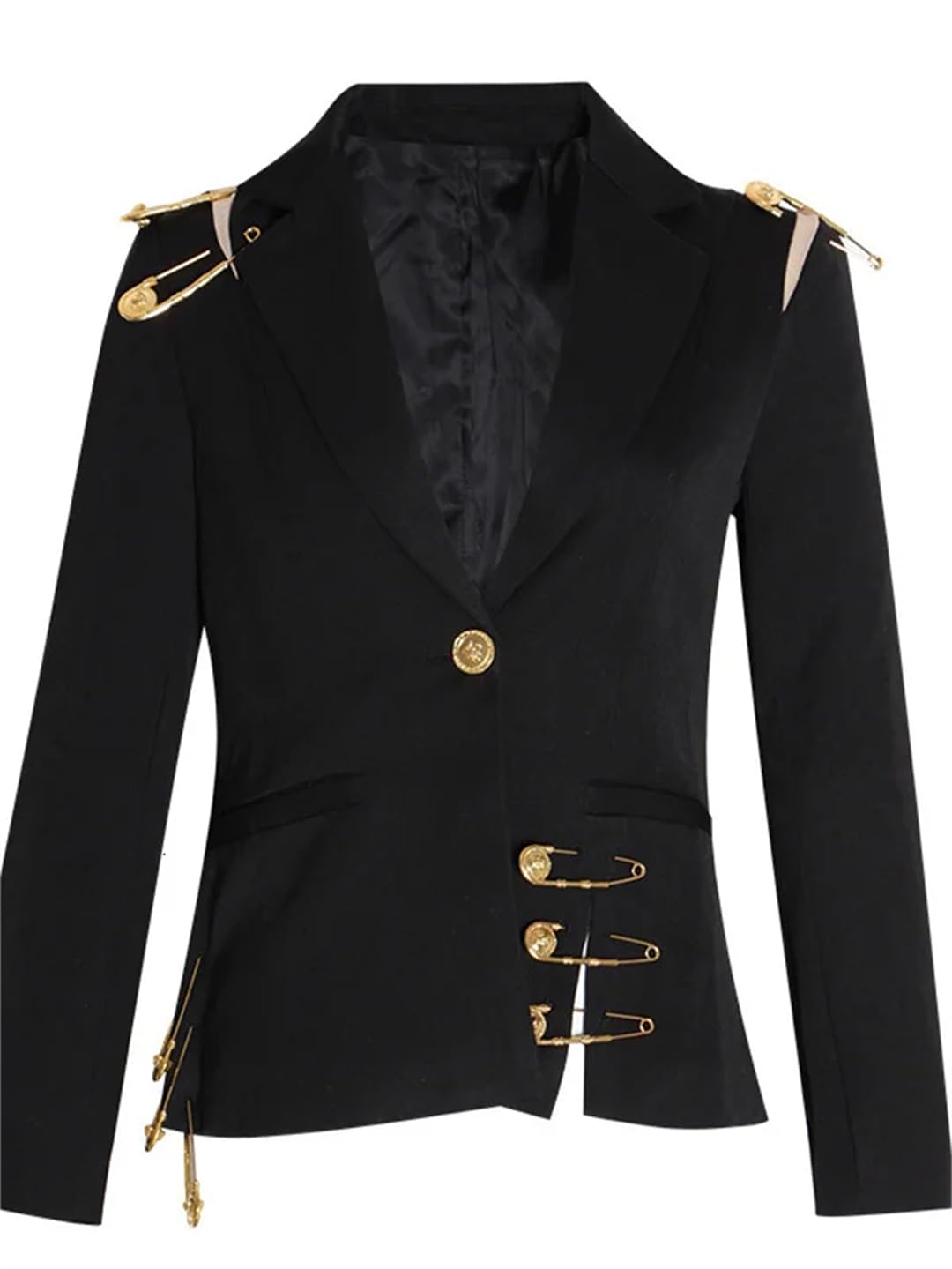 Womens Loose Black Hollow Pin Patchwork Jacket Blazer Lapel Long Sleeve Jacket