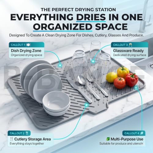 Image of Medium Silicone Dish Drying Mat for Kitchen Counter - 40x30 cm | Hygienic drying pad with built-in drain lip. Sturdy, compact & easy to clean grey tray. Protects surfaces from water build-up