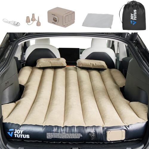 JOYTUTUS Model Y Air Mattress, Self-Inflating Camping Bed Compatible with Tesla Model Y, Upgraded Built-in Pump, Soft Bed Sheets, 2 Pillows,Camel